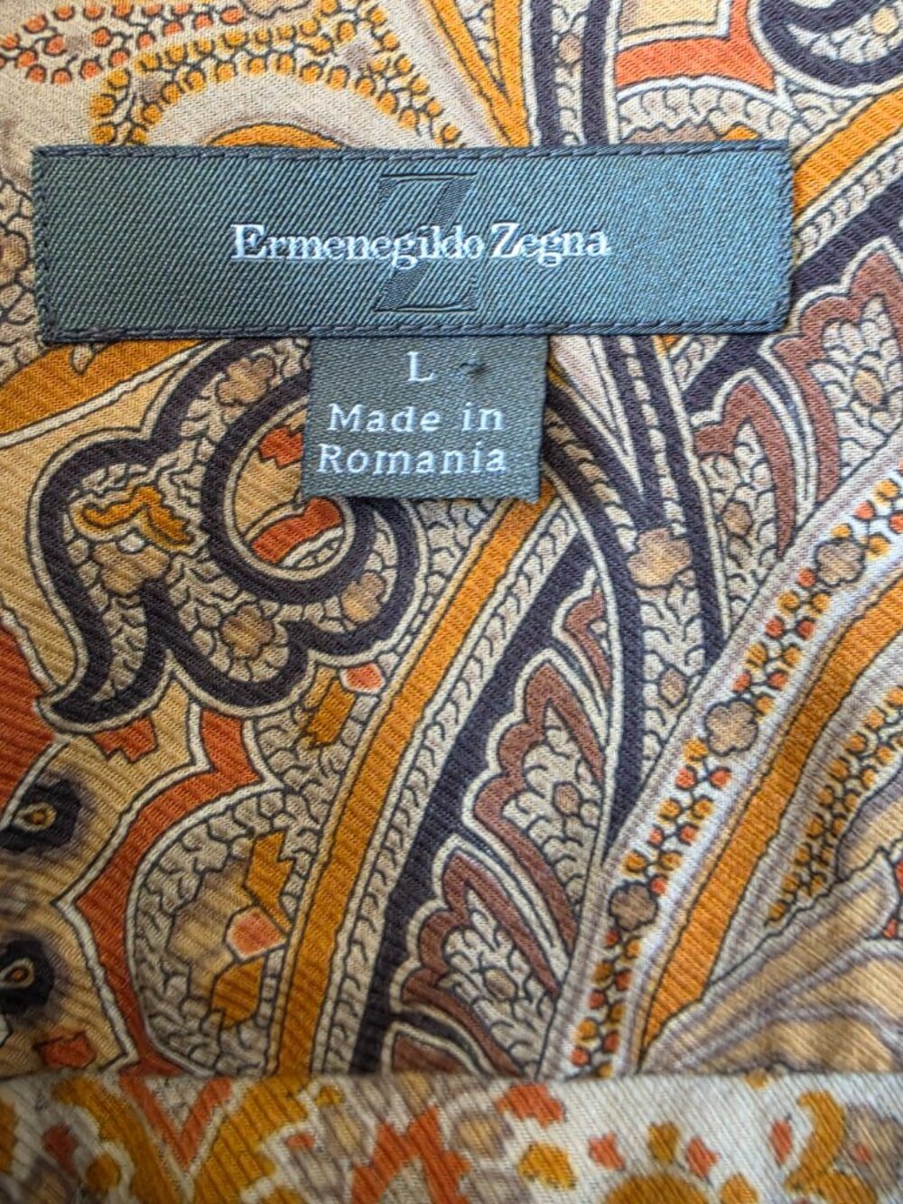 Ermenegildo Zegna Mens Large Paisley Shirt 100% Cotton Brown Gold Long - Picture 3 of 11